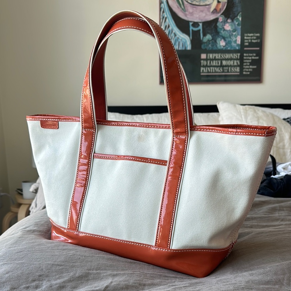 Lands End Chic White canvas and orange pleather Tote Bag